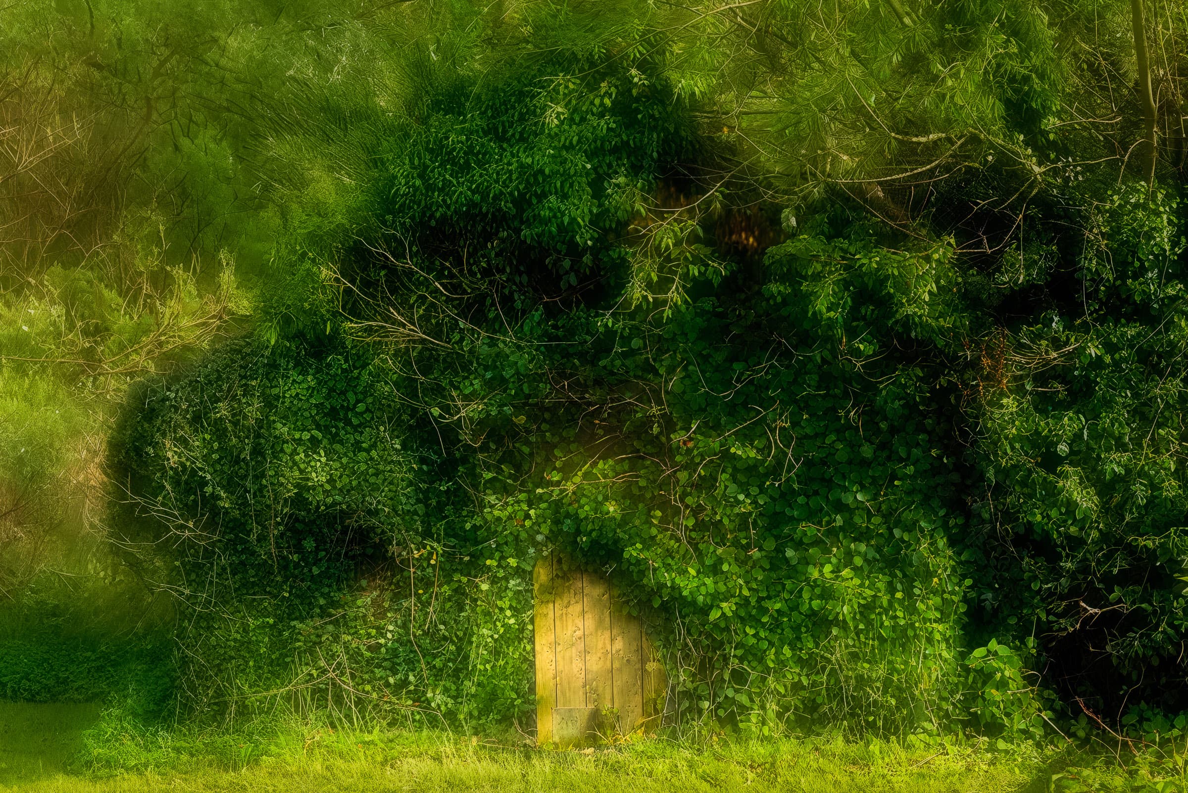 Green foliage covers a hillside with a small wooden door visible at the base. A closer look reveals the outlines of a small dwelling embedded in the hillside, almost completely hidden by foliage.