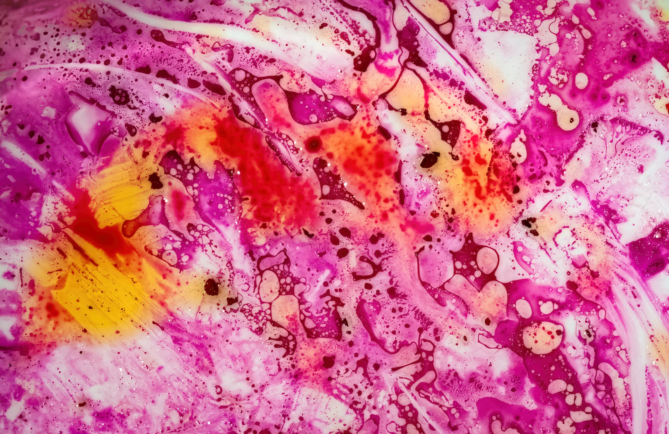 Organic curves, streaks, and blobs in magenta, yellow, and white. Most have distinct forms yet touch each other in one abstract mix.