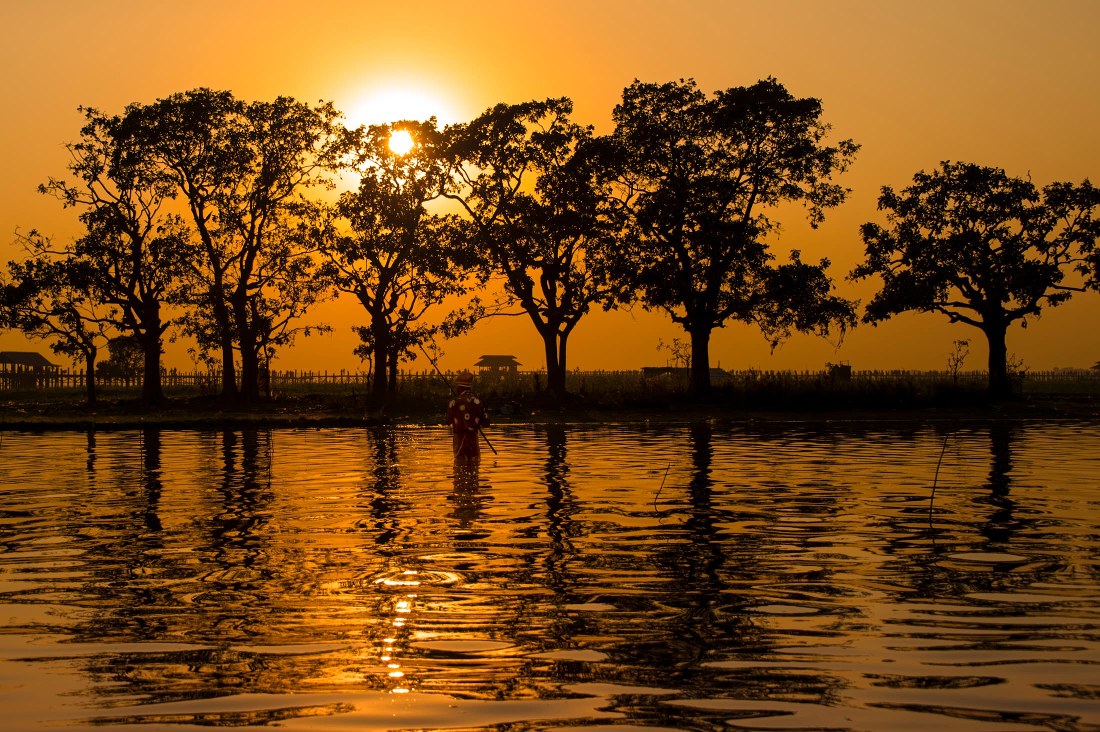 Taungthaman Lake, Mandalay, Myanmar (Burma). Lone fisherman in lake water facing orange sunset and silhouetted line of trees. Trees, sky, and the sun  reflect in lightly-rippling waters.