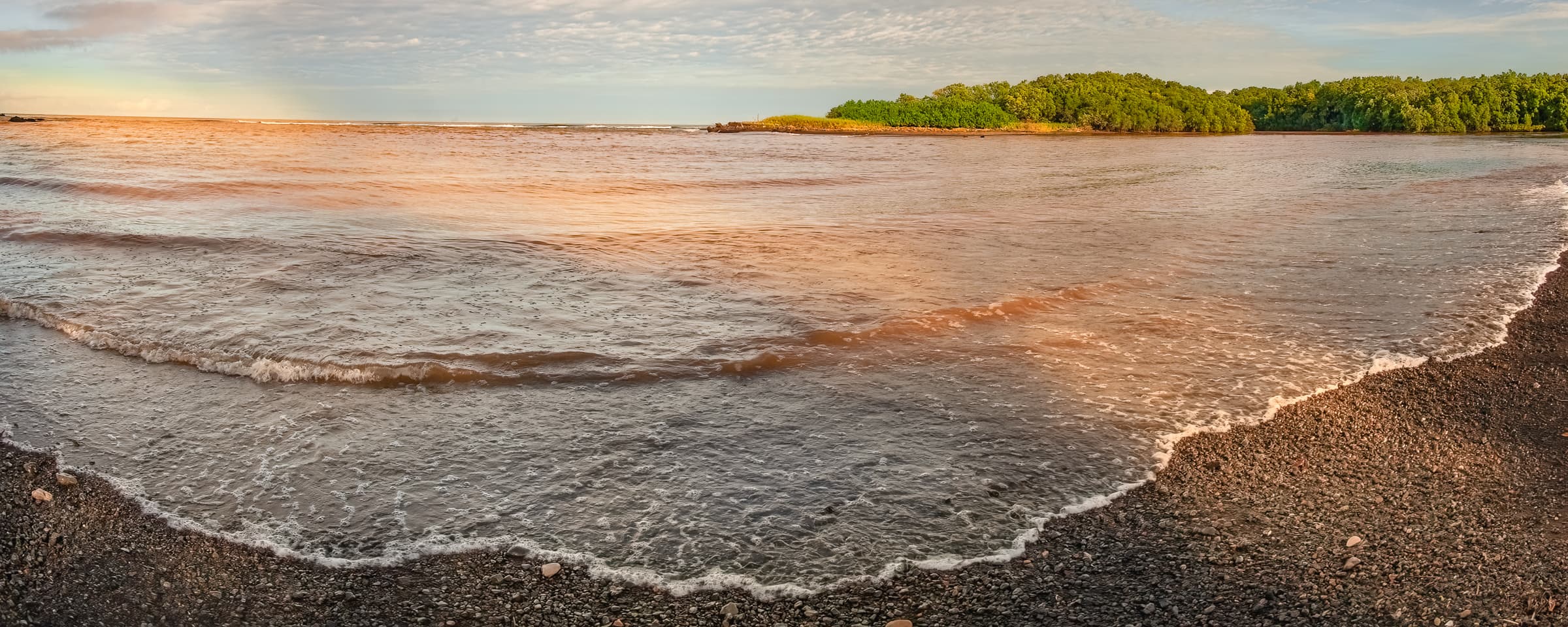 Small Pacific waves wash onto a pebbled shoreline in warm light and soft shadow, with green coastal trees and a broad sky in the distance.