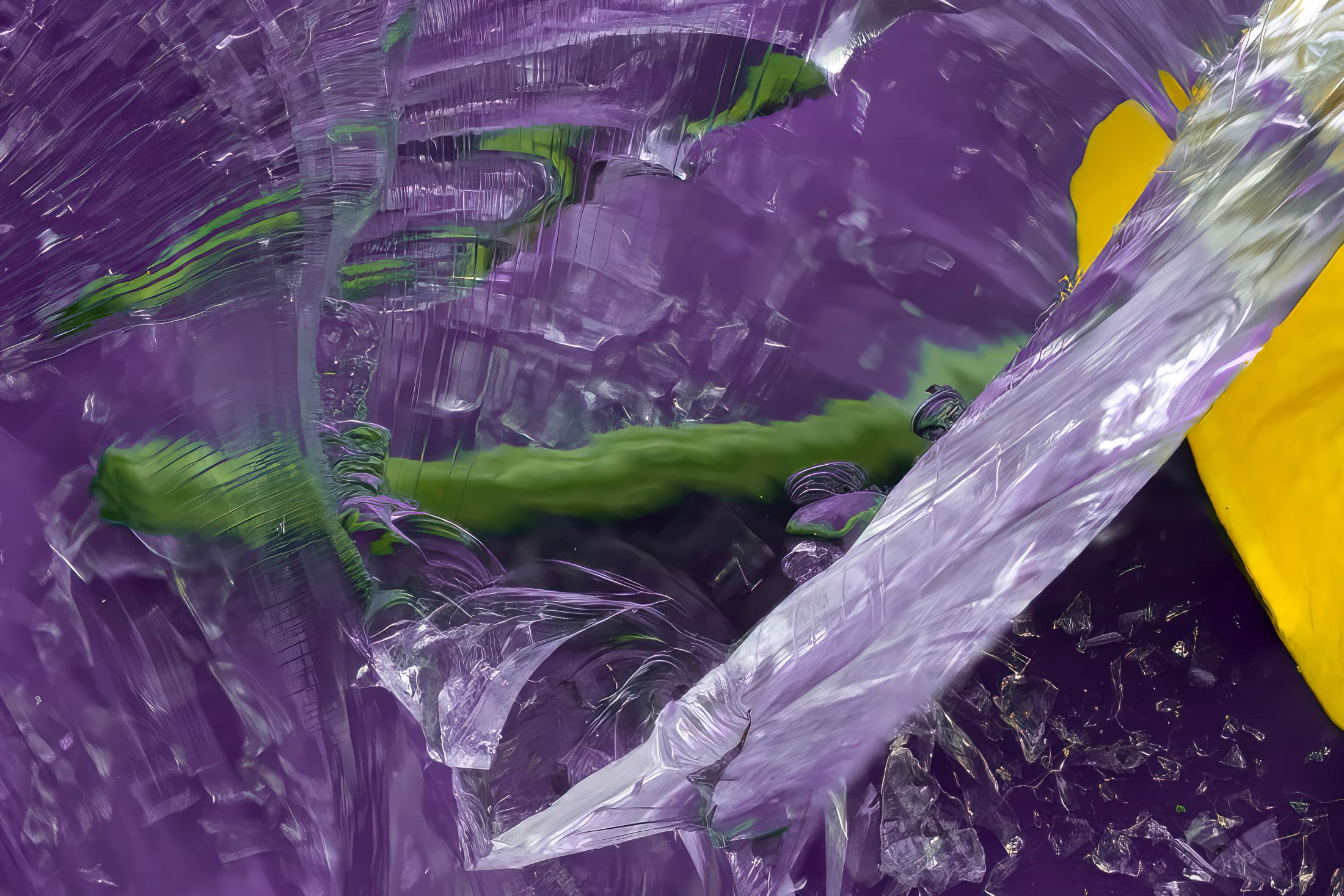 Abstract closeup of flower stems distorted through broken glass on a purple background. Image also includes edge of a yellow buttercup and scattered glass shards.